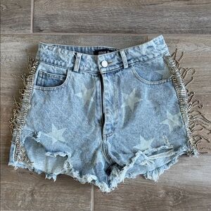Blue B Star Patterned Denim Shorts with Fringe